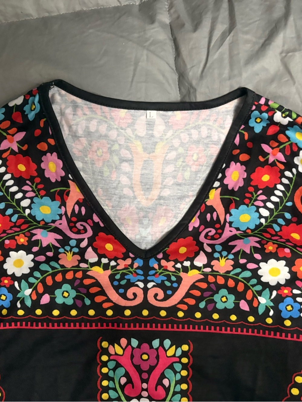 Women's Black Short Sleeve V-Neck Tee with Colorful Floral Print - Picture 8 of 8